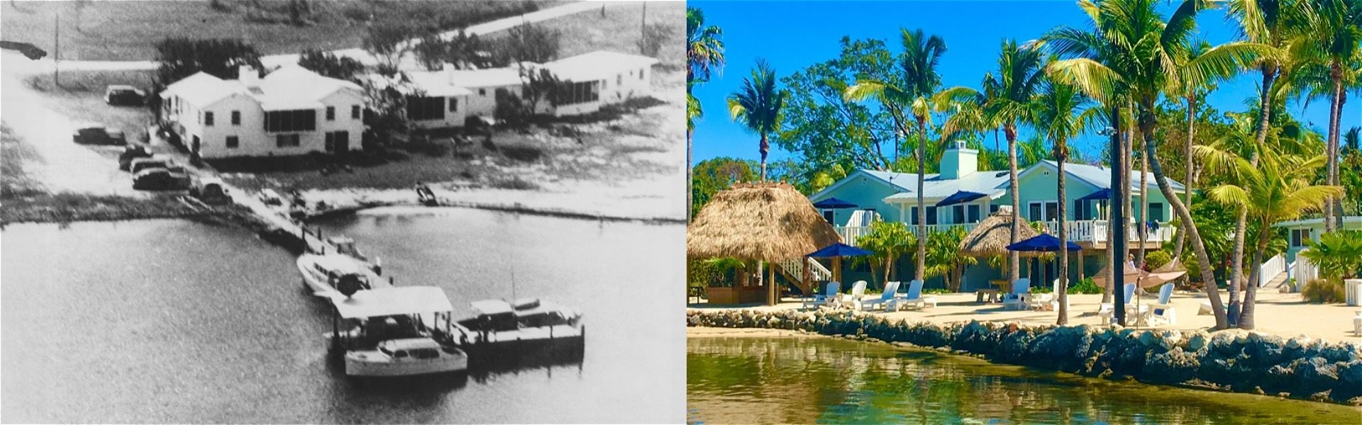 Historical picture and recent picture of the lodge at Coconut Palm Inn